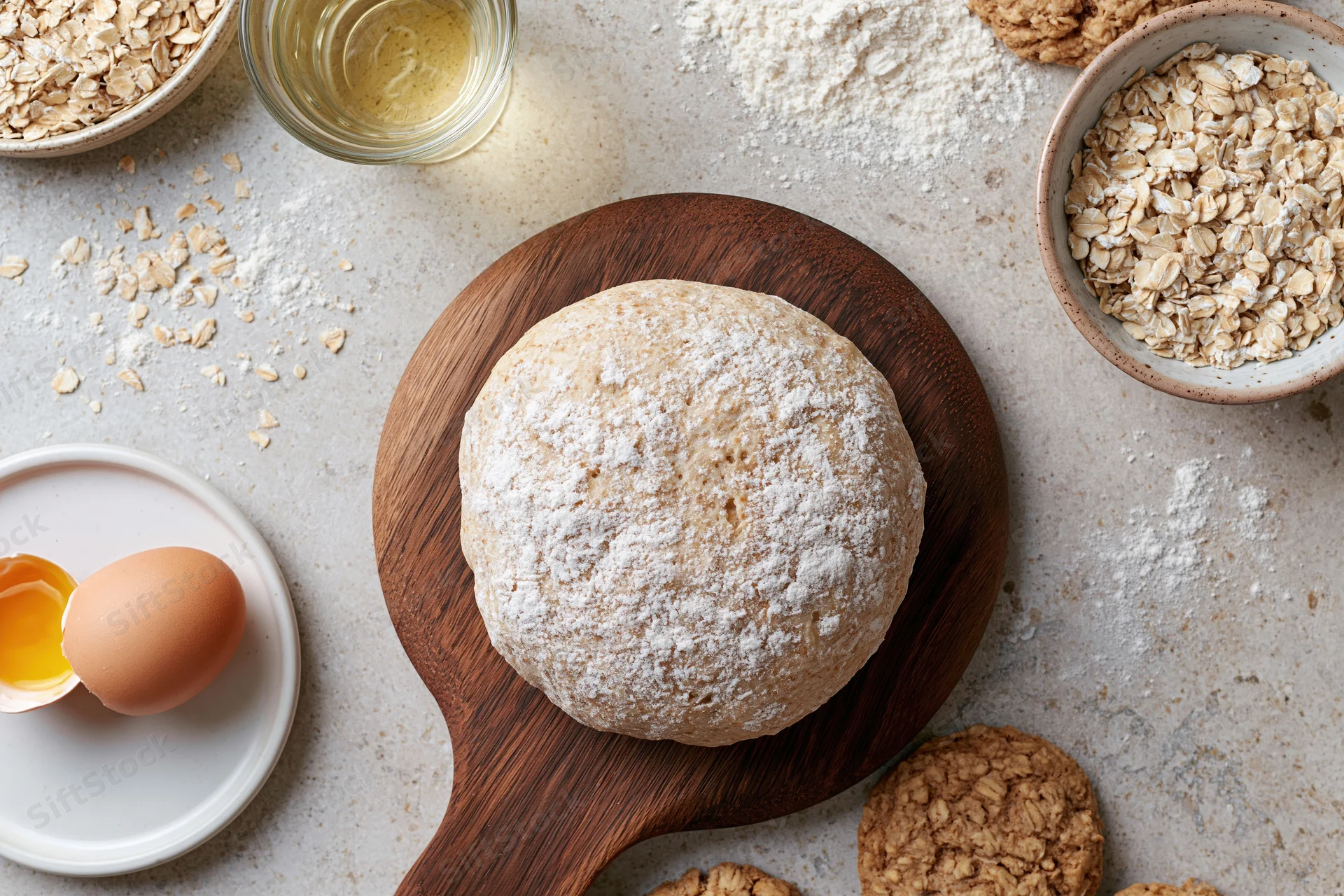 Round loaf of dough dusted with flour on wooden cutting board surrounded by baking ingredients on countertop