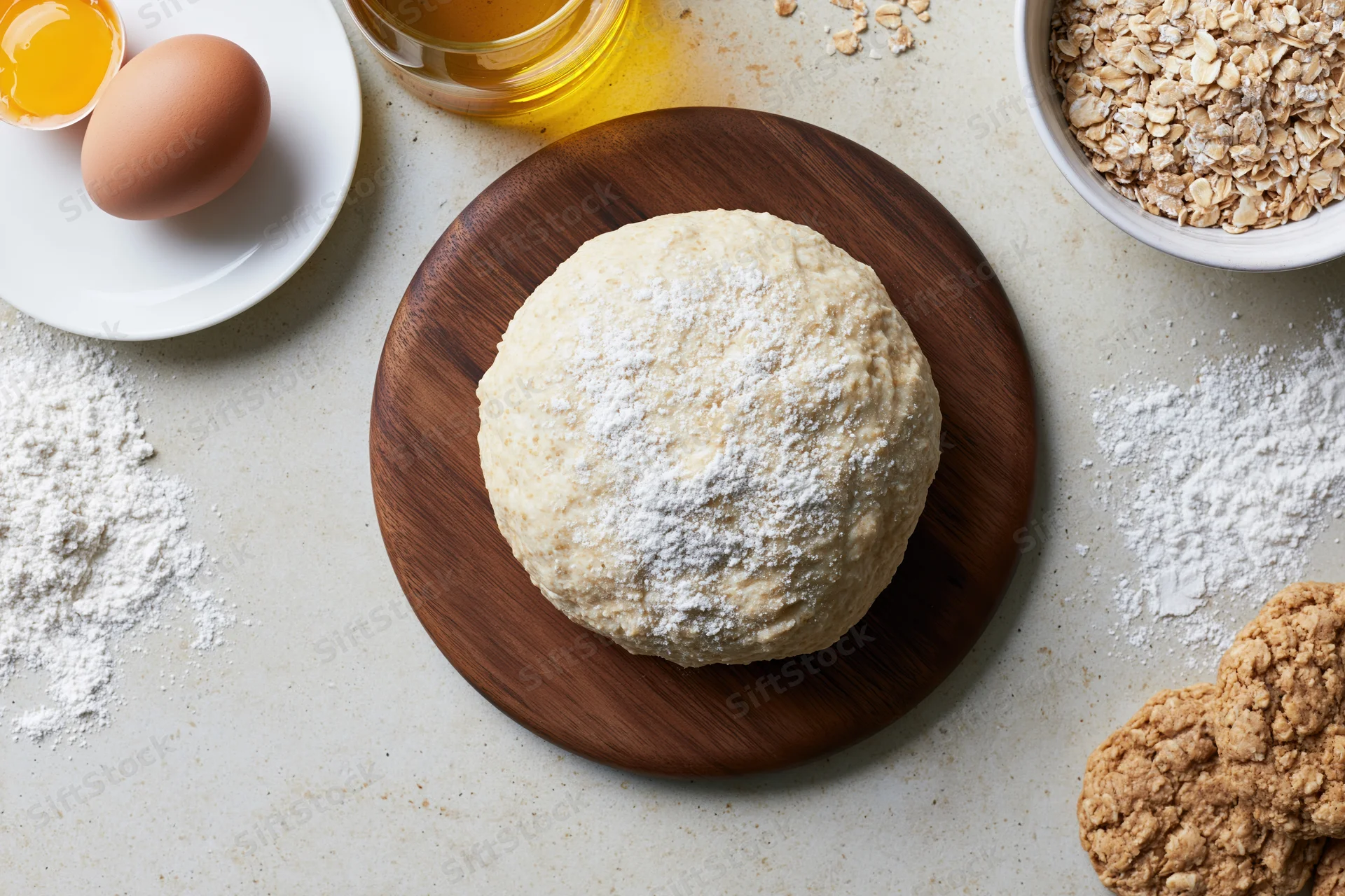 Round ball of dough dusted with flour on wooden board surrounded by baking ingredients on countertop