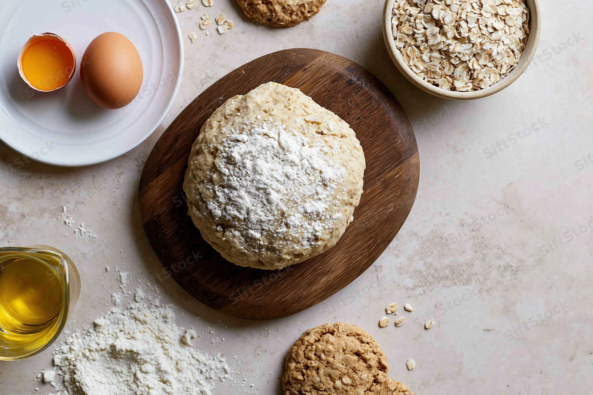 Round dough ball dusted with flour on wooden board surrounded by baking ingredients on countertop