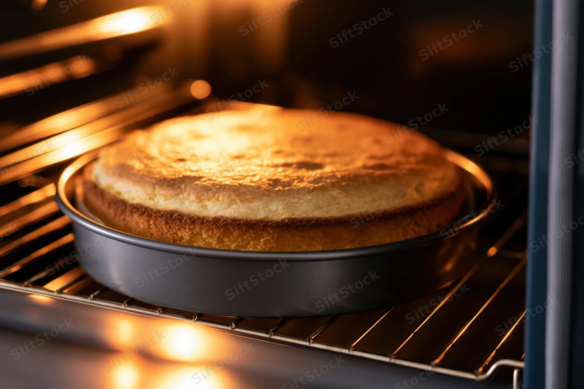 Golden cake baking in oven on metal rack inside kitchen appliance