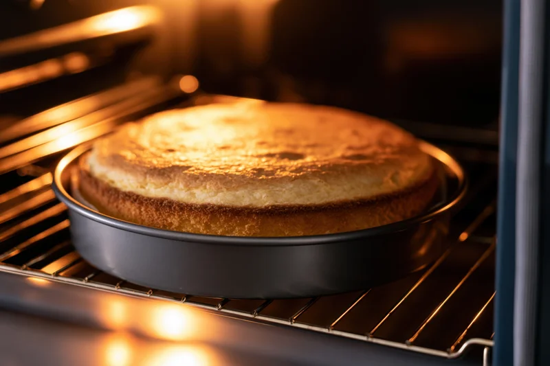 Golden cake baking in oven on metal rack inside kitchen appliance