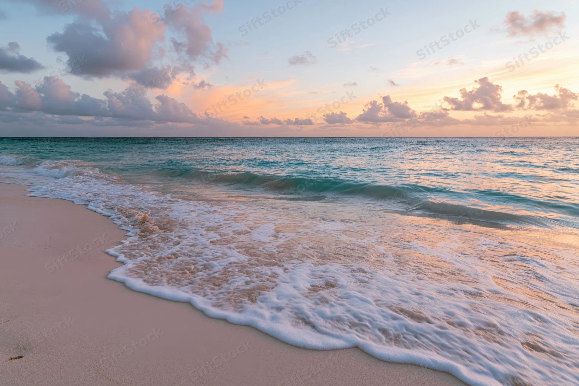 Gentle waves rolling onto a sandy beach at sunset with pink and orange clouds above the ocean horizon
