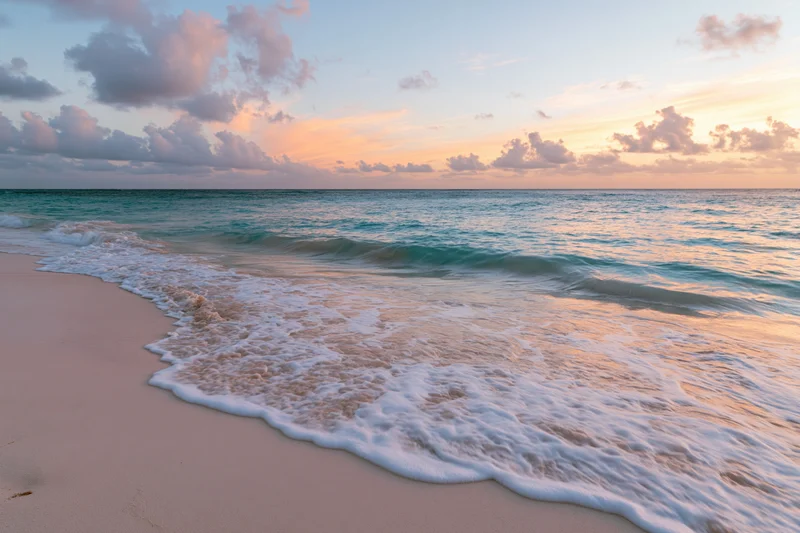 Gentle waves rolling onto a sandy beach at sunset with pink and orange clouds above the ocean horizon