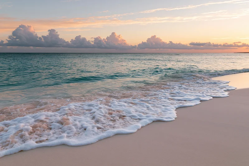 Gentle waves with white foam rolling onto a sandy beach at sunset