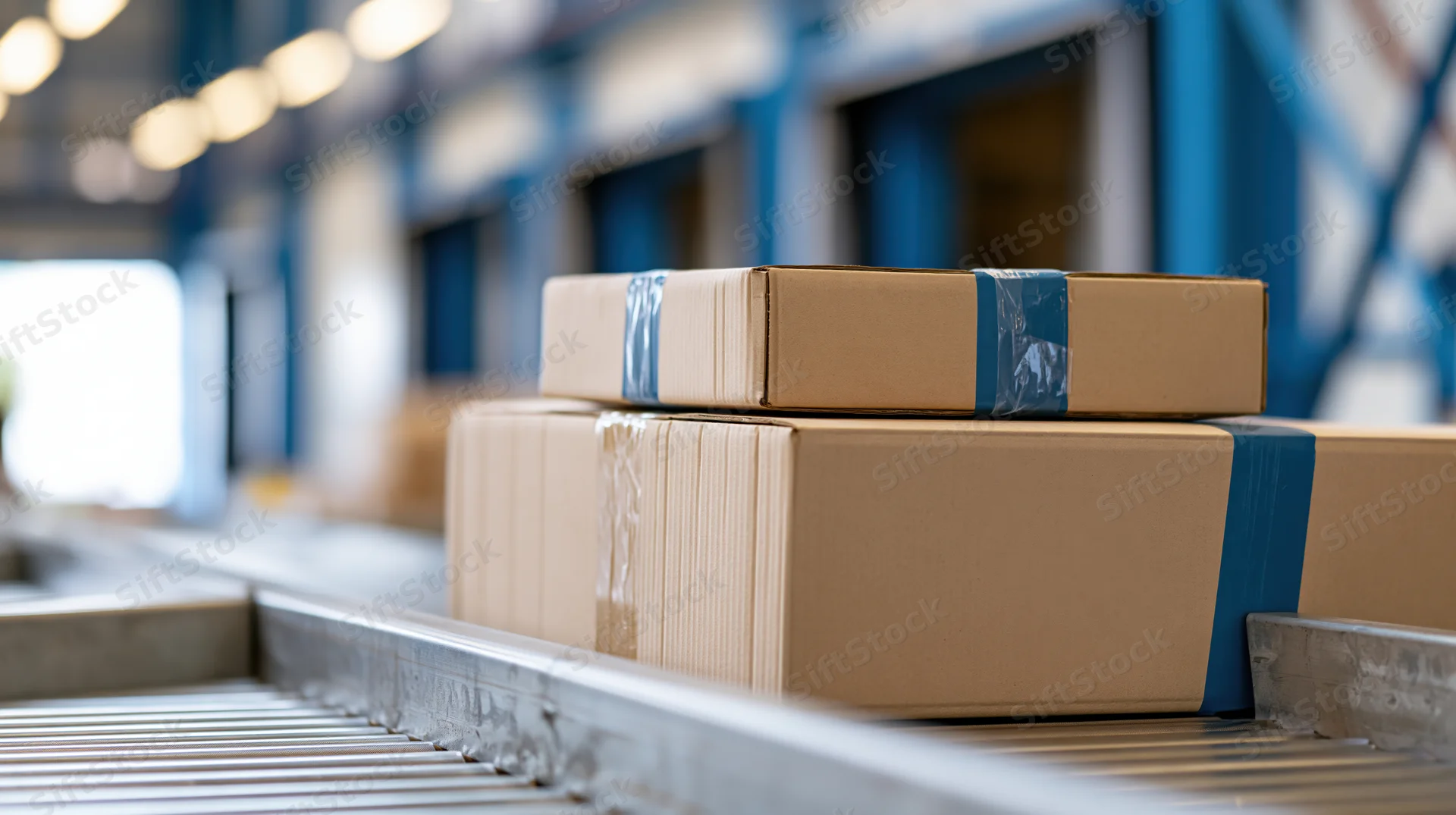 Cardboard boxes stacked on a conveyor belt in a warehouse