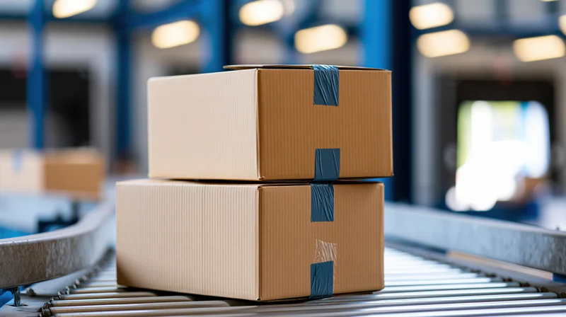 Two cardboard boxes stacked on a conveyor belt in a warehouse
