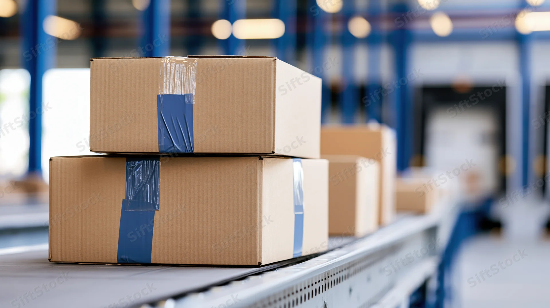 Cardboard boxes stacked on conveyor belt in warehouse