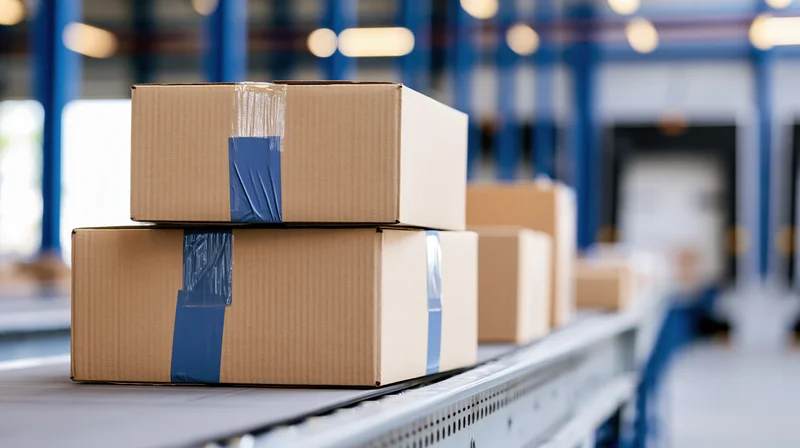 Cardboard boxes stacked on conveyor belt in warehouse