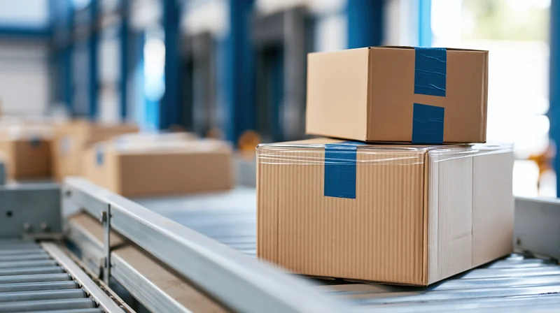 Cardboard boxes stacked on a conveyor belt in a warehouse