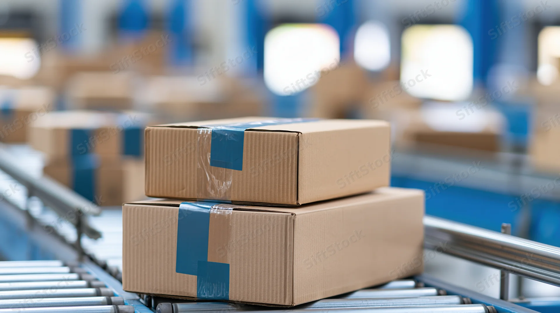 Cardboard boxes stacked on a conveyor belt in a warehouse