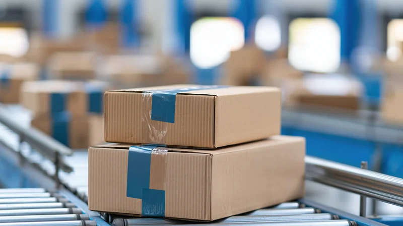 Cardboard boxes stacked on a conveyor belt in a warehouse