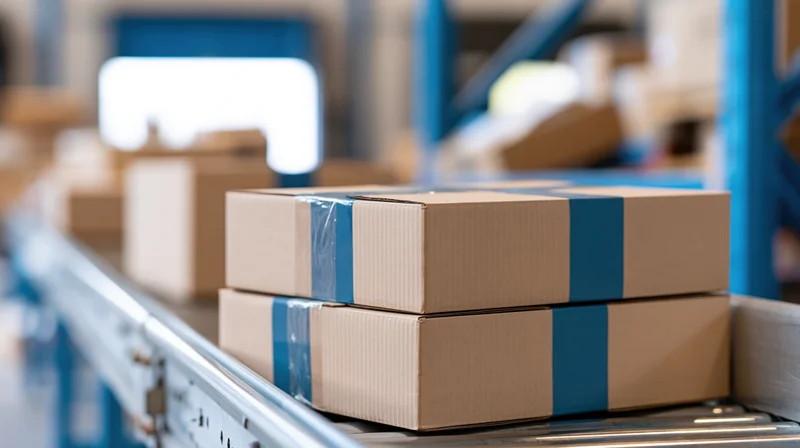 Two cardboard boxes secured with blue tape on a conveyor belt in a warehouse