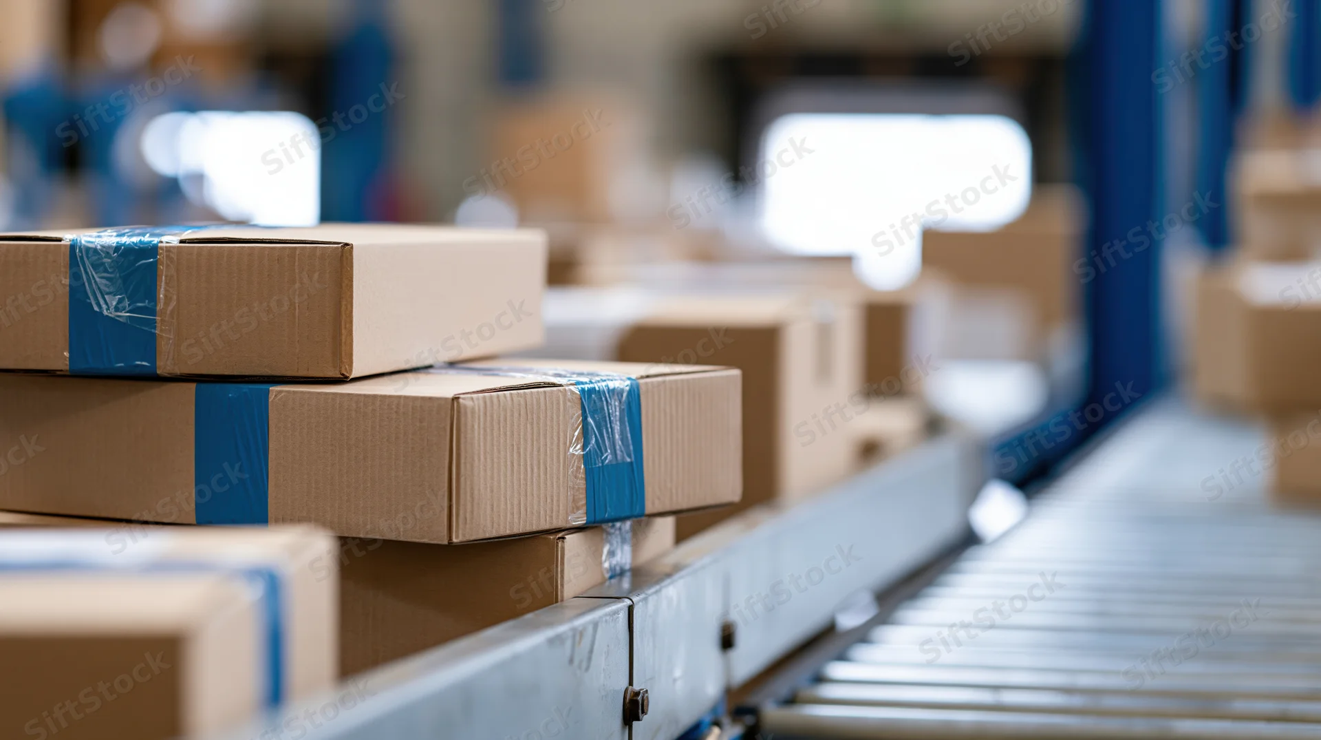 Cardboard boxes stacked on a conveyor belt in a warehouse