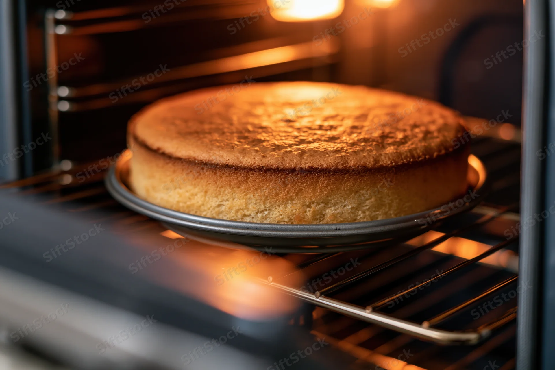 Golden round cake baking inside oven on metal rack