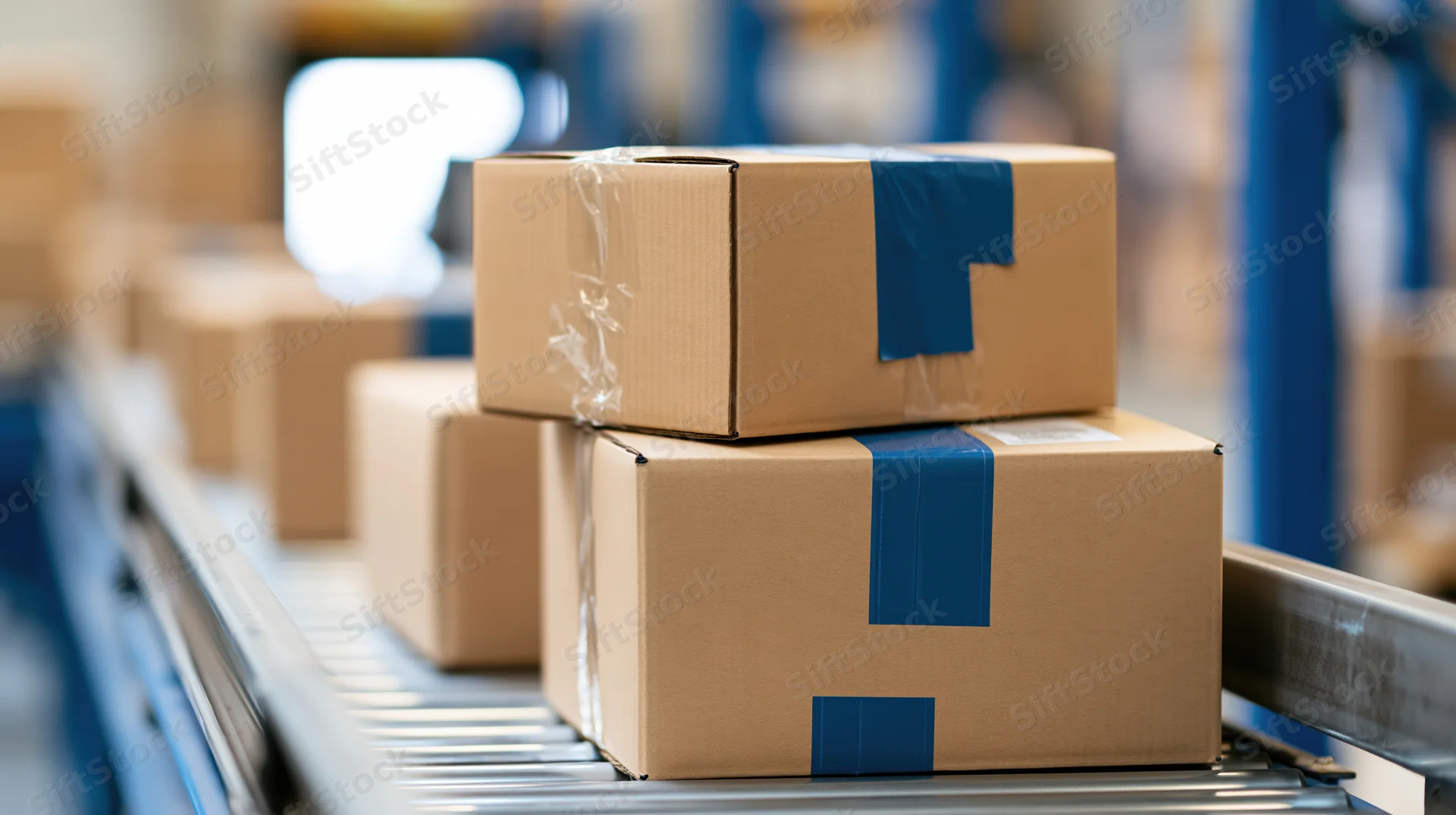 Cardboard boxes stacked on a conveyor belt in a warehouse