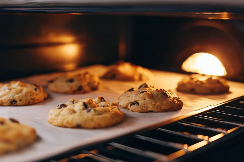 Chocolate chip cookies baking on parchment paper inside a lit oven