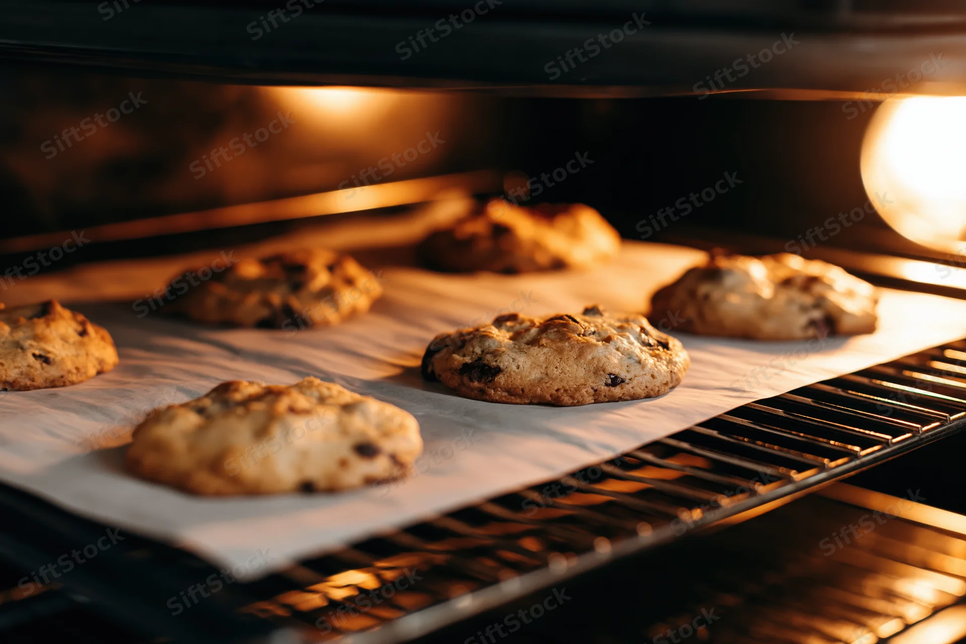 Chocolate chip cookies baking on parchment paper inside an oven