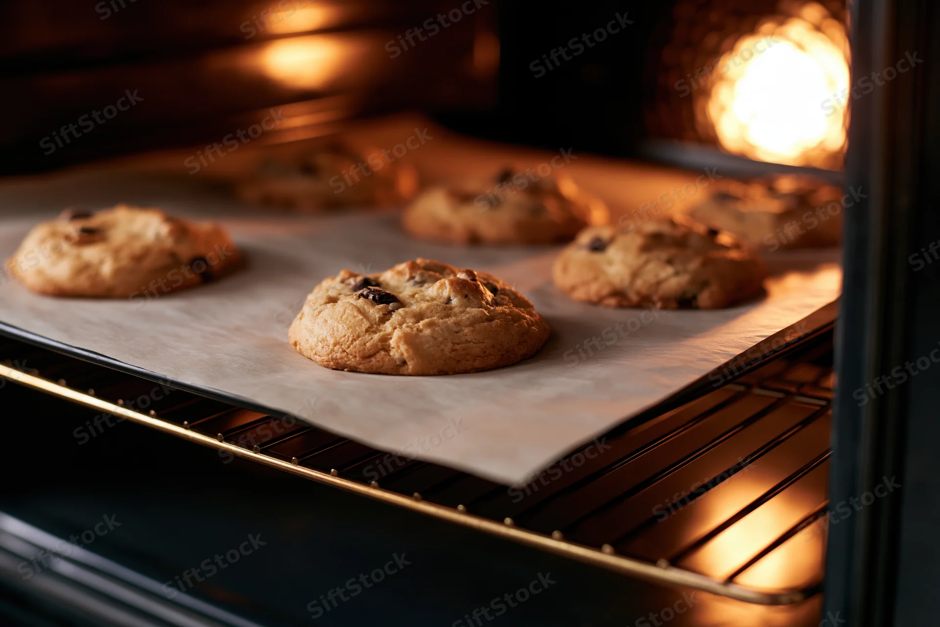 Chocolate chip cookies baking in an oven on parchment paper on a wire rack