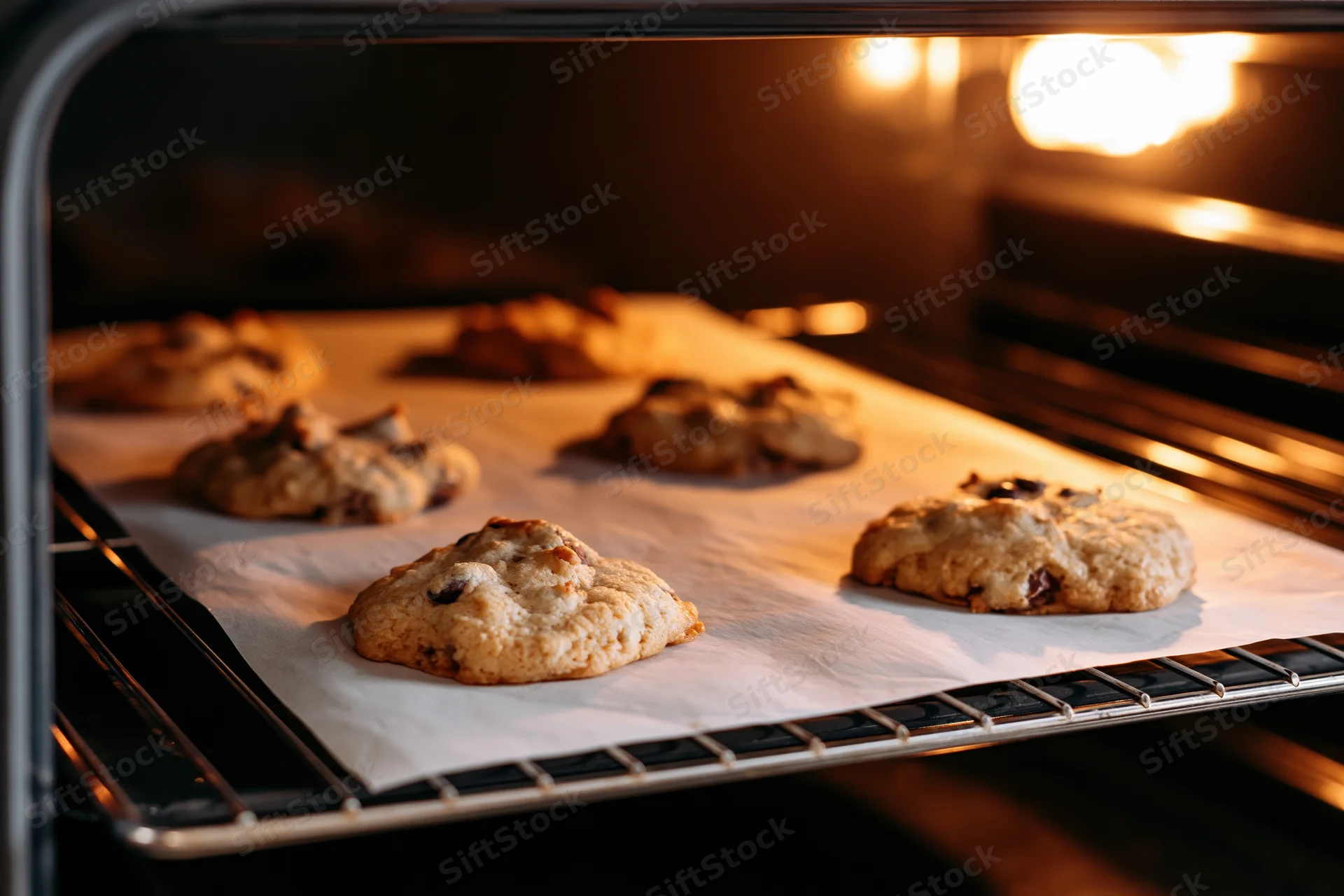 Chocolate chip cookies baking in an oven on parchment paper on a wire rack