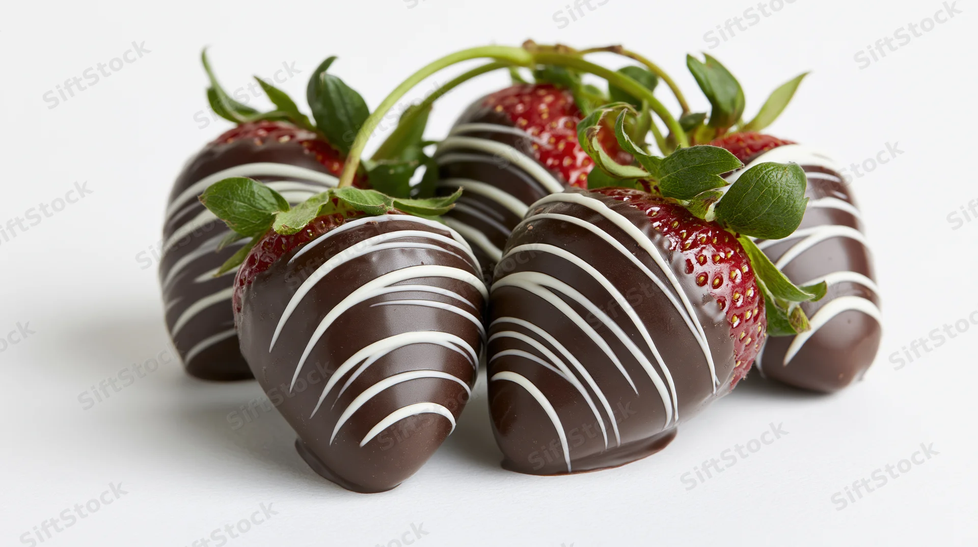 Chocolate-covered strawberries with white chocolate drizzle on white background