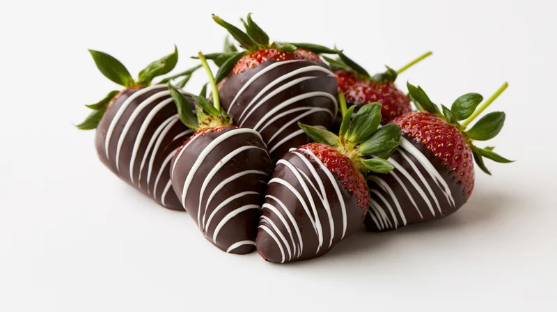 Chocolate-covered strawberries with white chocolate drizzle arranged on white background