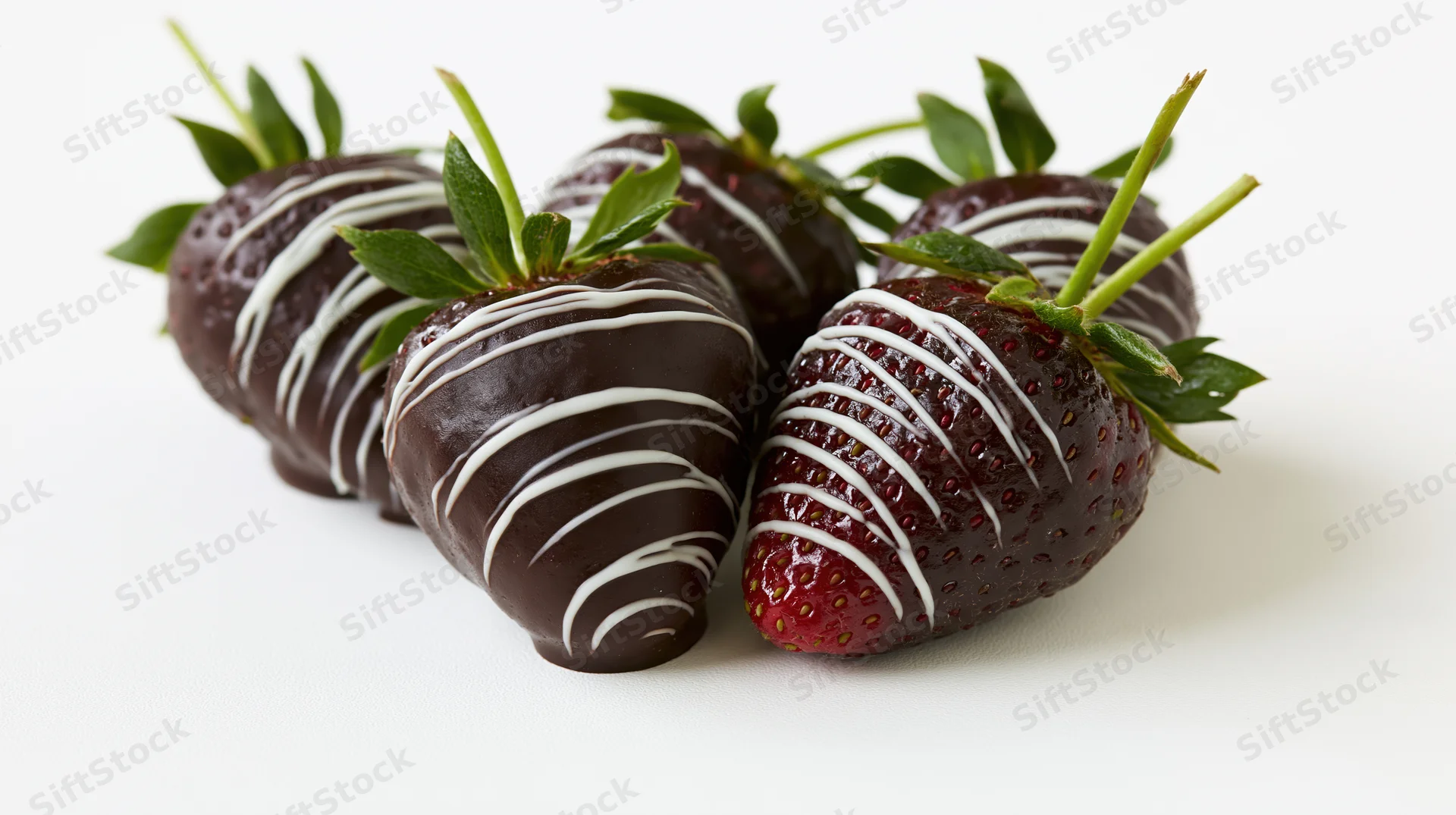 Chocolate-covered strawberries with white chocolate drizzle on white background