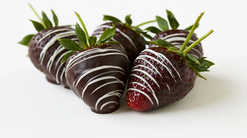 Chocolate-covered strawberries with white chocolate drizzle on white background