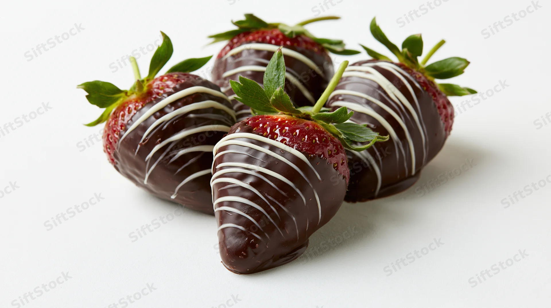 Chocolate-covered strawberries with white chocolate drizzle arranged on a white surface