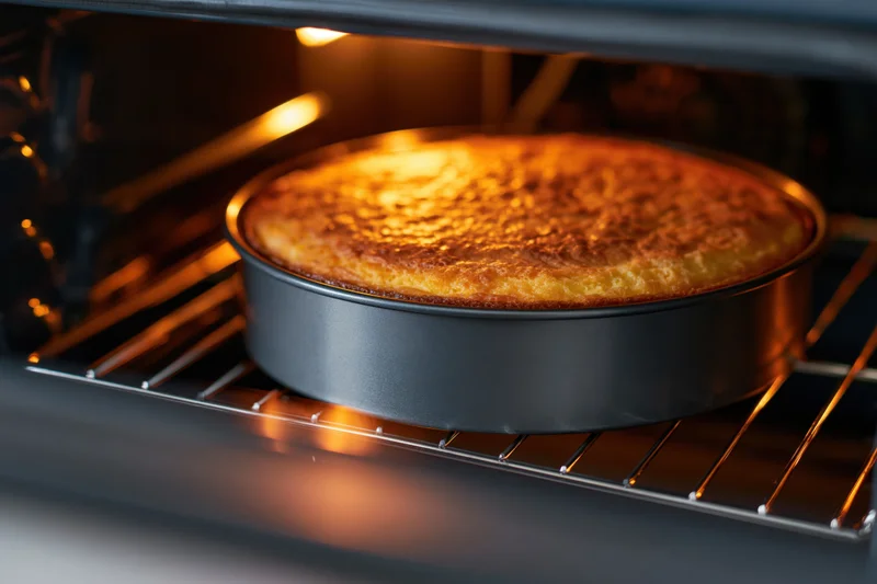 Golden-brown cake baking in oven on metal rack