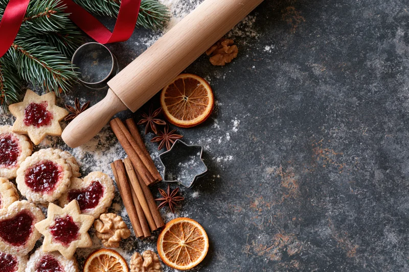 Star-shaped cookies with jam and spices arranged on dark countertop with rolling pin and pine branches for christmas baking