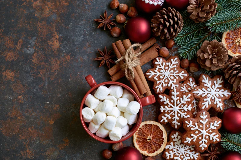 Gingerbread cookies shaped like snowflakes with marshmallows in a mug, cinnamon sticks, pinecones and ornaments arranged on a dark rustic surface