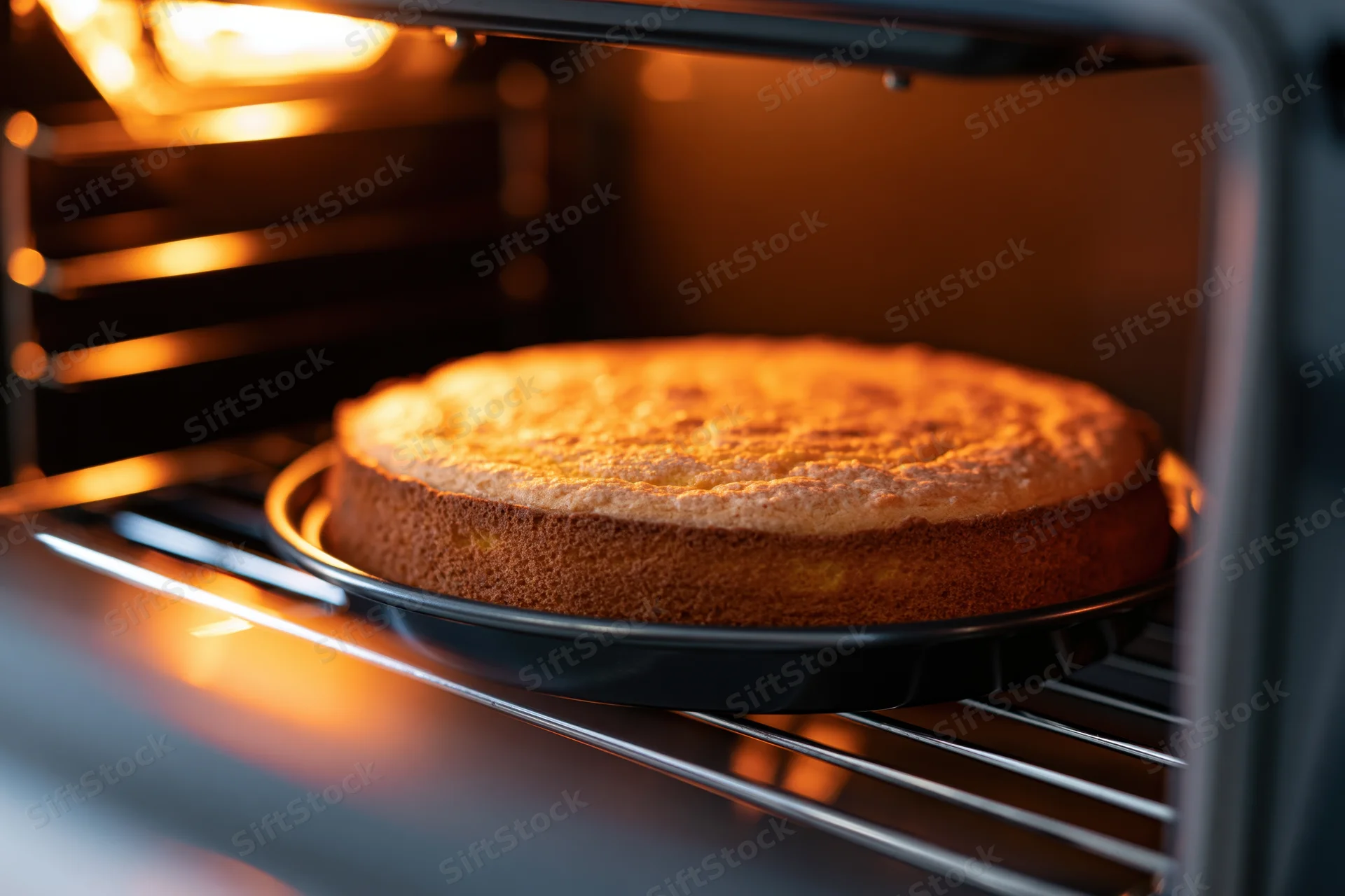 Golden cake baking in oven on metal rack