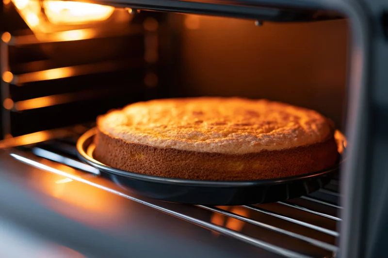 Golden cake baking in oven on metal rack