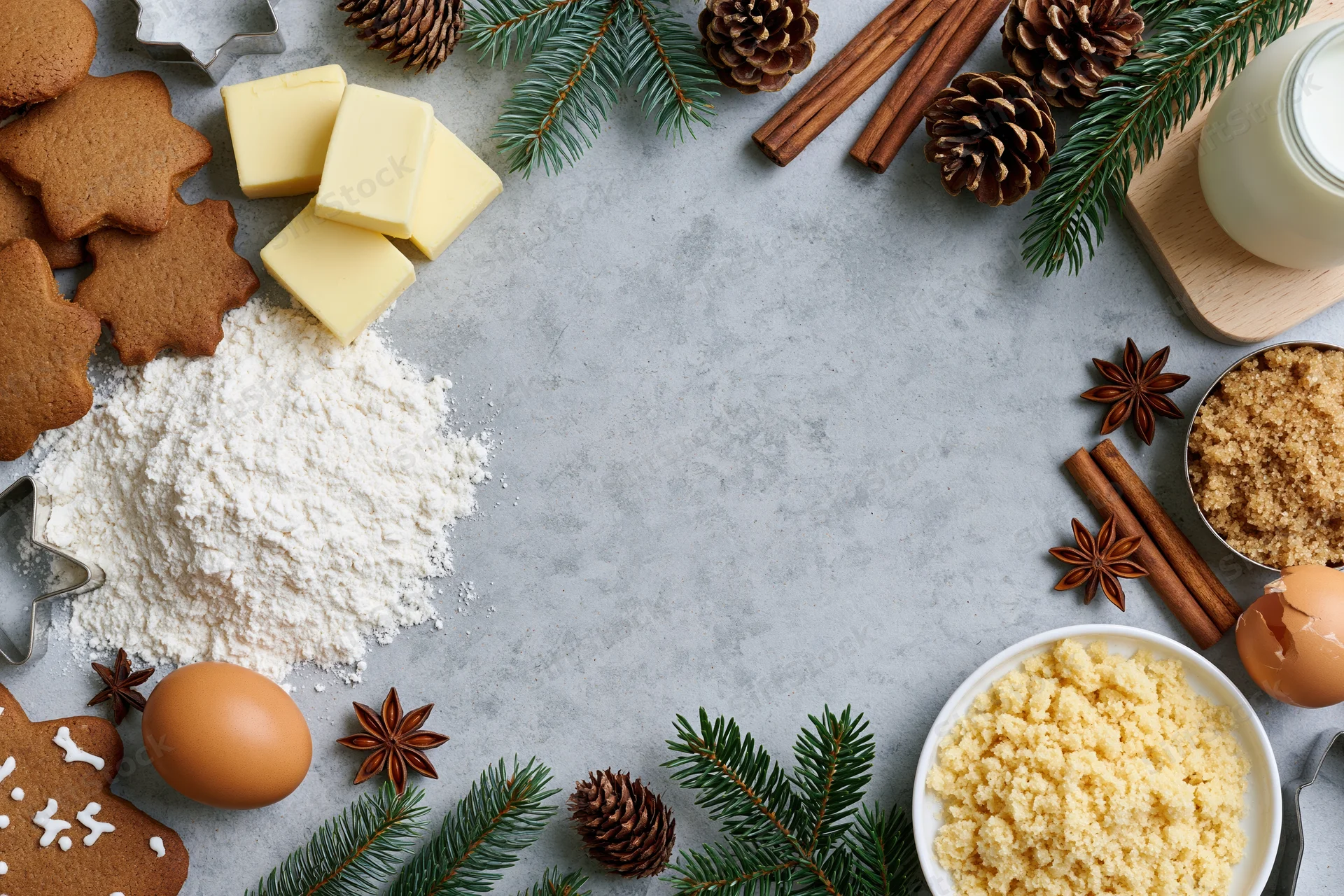 Gingerbread cookies and baking ingredients arranged around a gray countertop with evergreen branches and pinecones for christmas