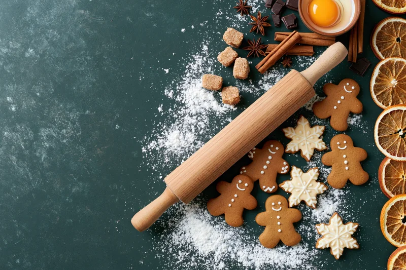 Gingerbread cookies and baking ingredients arranged on dark surface with rolling pin and flour dusting