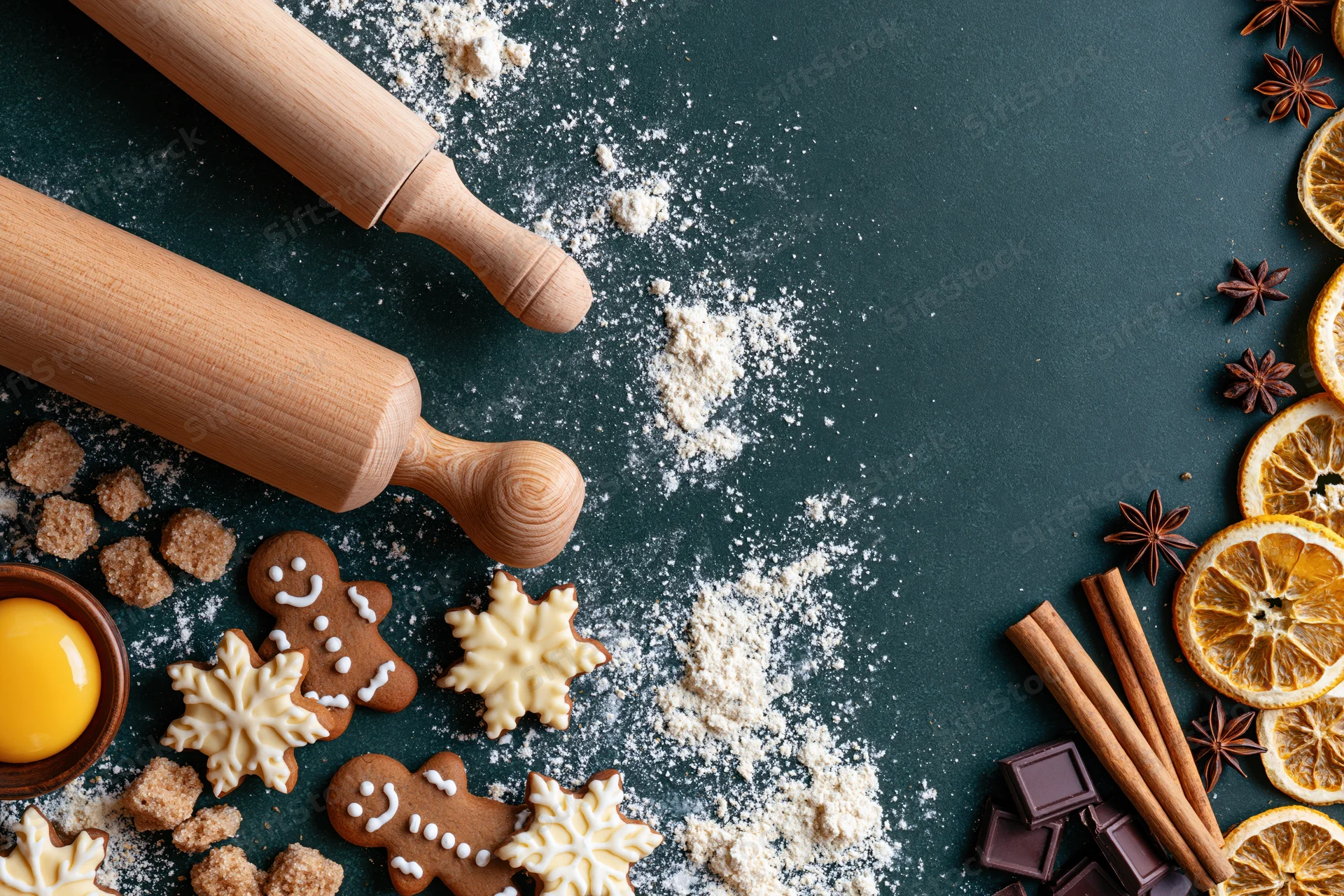 Gingerbread cookies and baking ingredients arranged on dark surface with copyspace