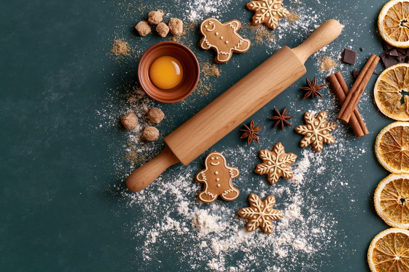 Gingerbread cookies and baking ingredients arranged on dark countertop with rolling pin and spices
