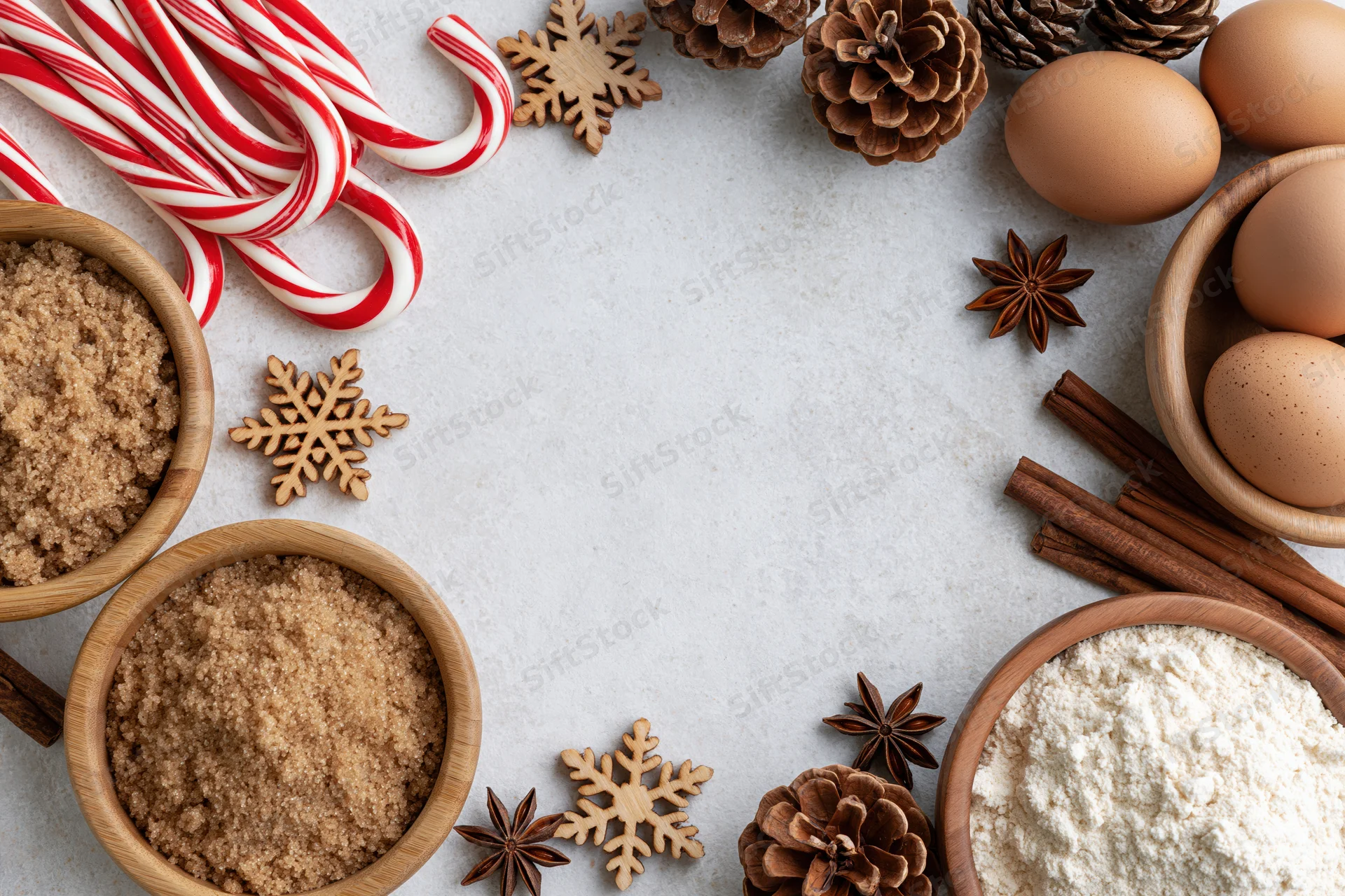 Baking ingredients arranged in a festive frame on a white surface with copyspace