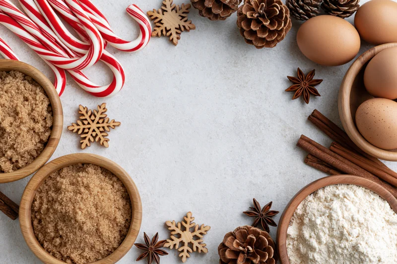 Baking ingredients arranged in a festive frame on a white surface with copyspace