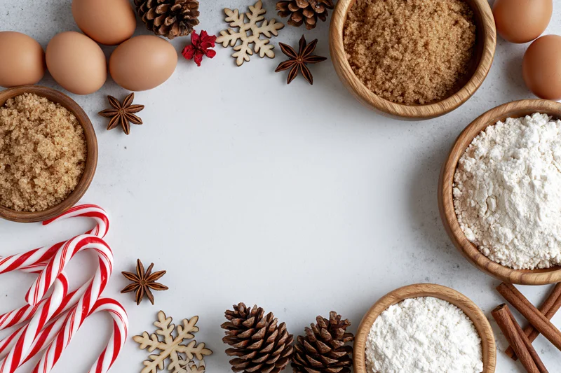 Baking ingredients arranged in a festive holiday border on a white countertop