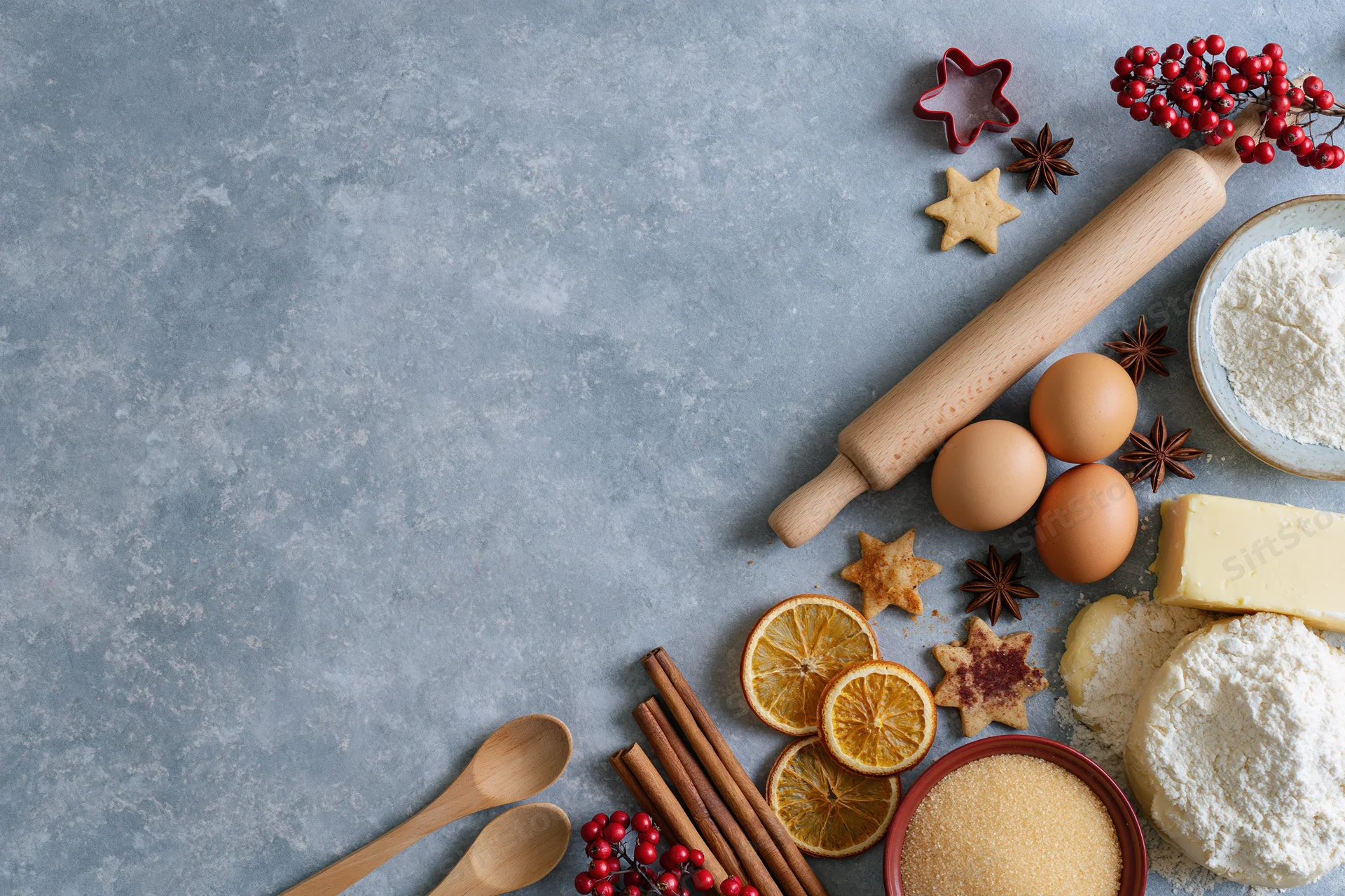 Baking ingredients arranged on a countertop with copyspace for holiday recipe presentation