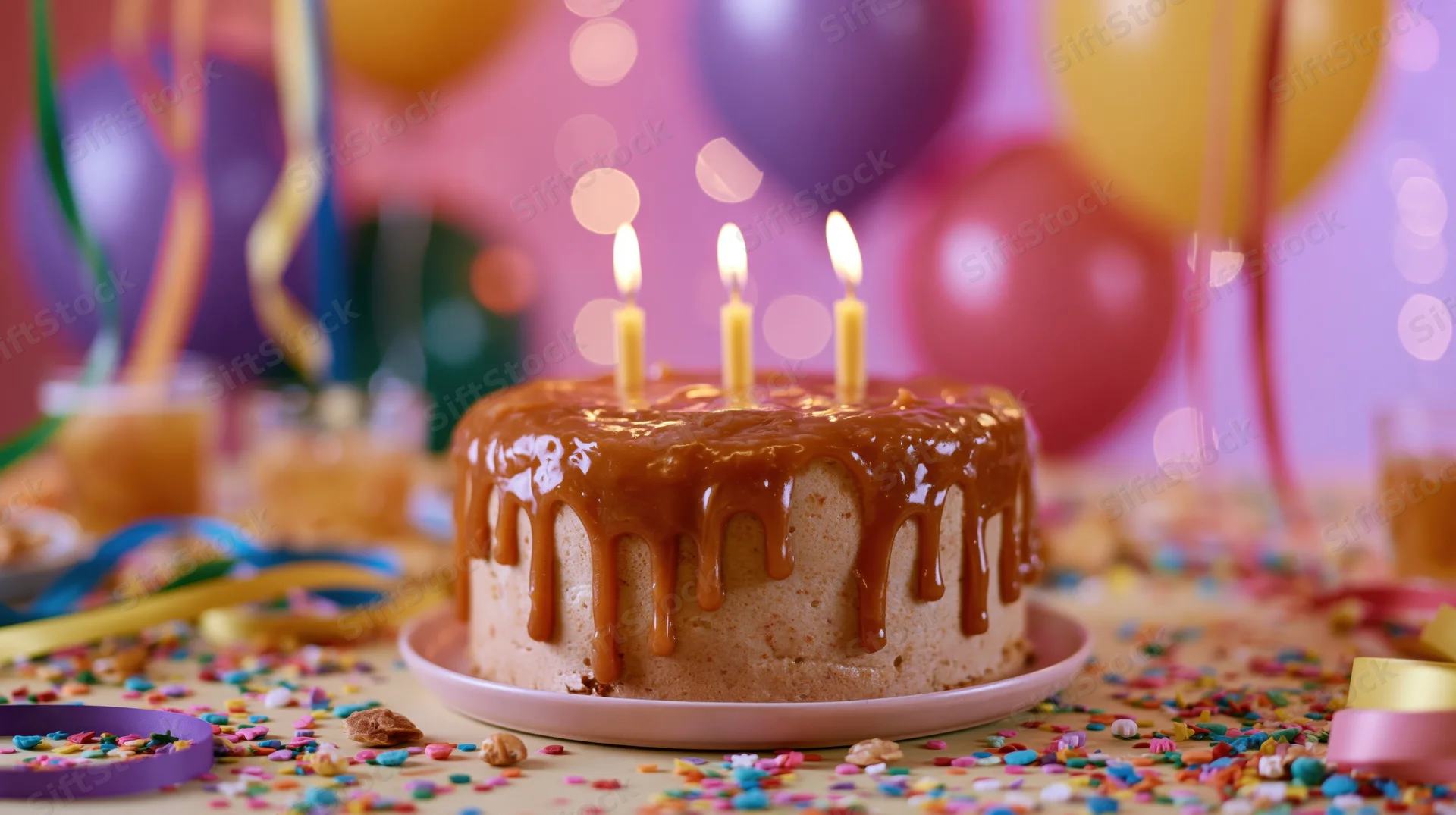 Caramel-dripping birthday cake with lit candles on a decorated table surrounded by balloons and confetti