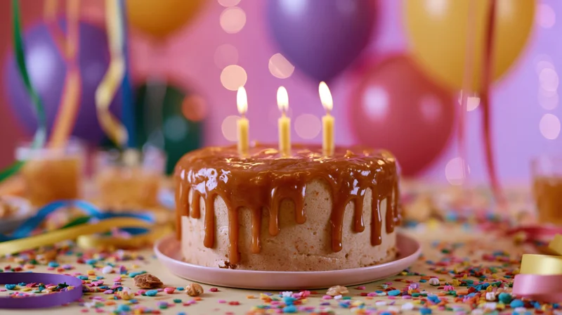 Caramel-dripping birthday cake with lit candles on a decorated table surrounded by balloons and confetti