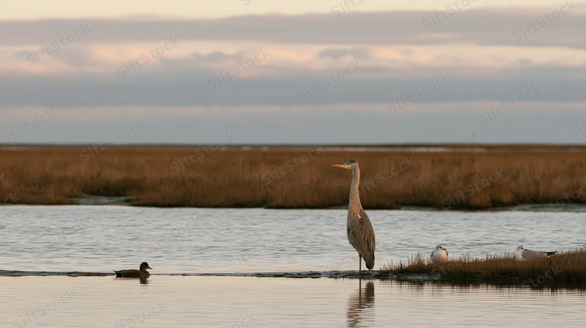Great blue heron standing on a marshy shore at dusk with ducks and gulls nearby