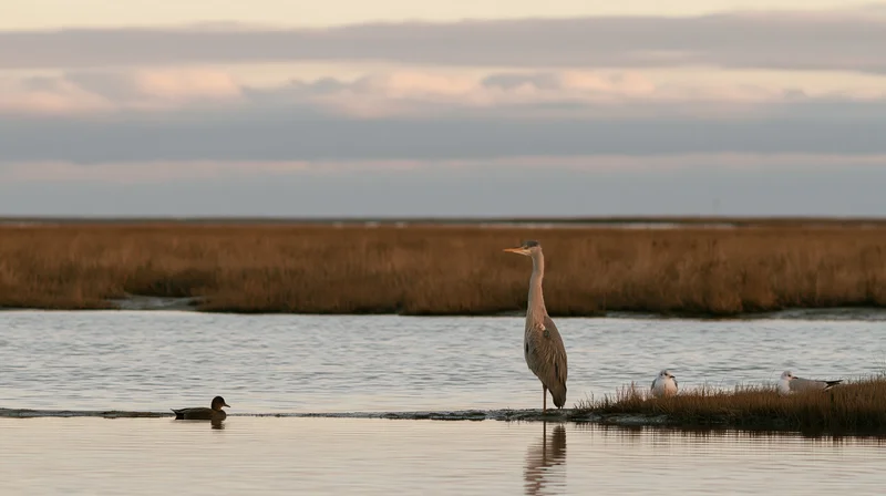 Great blue heron standing on a marshy shore at dusk with ducks and gulls nearby
