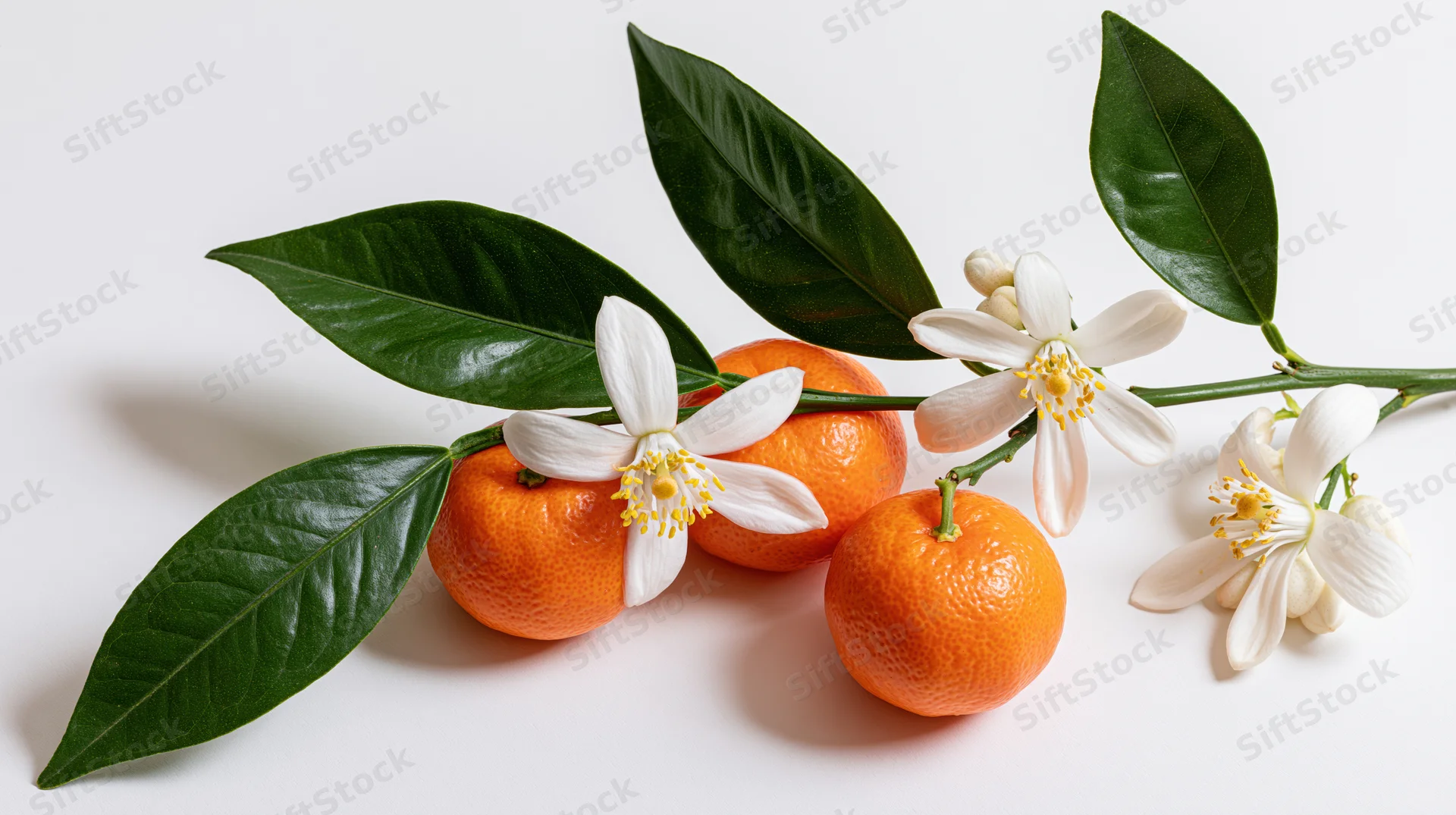 Kumquat fruits and white blossoms on a branch with green leaves arranged on a white surface