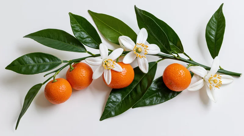 Kumquat branch with white blossoms and green leaves on white background