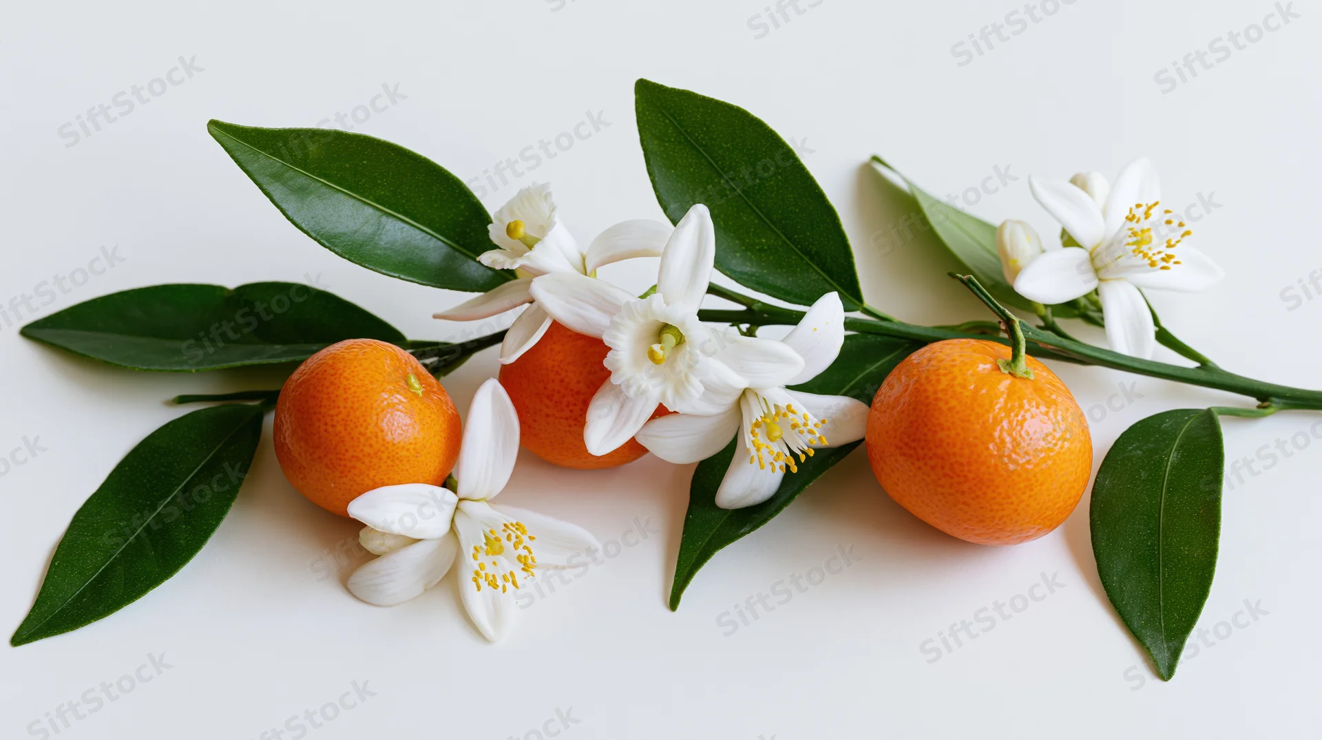 Kumquat fruits and white blossoms with green leaves arranged on a white surface