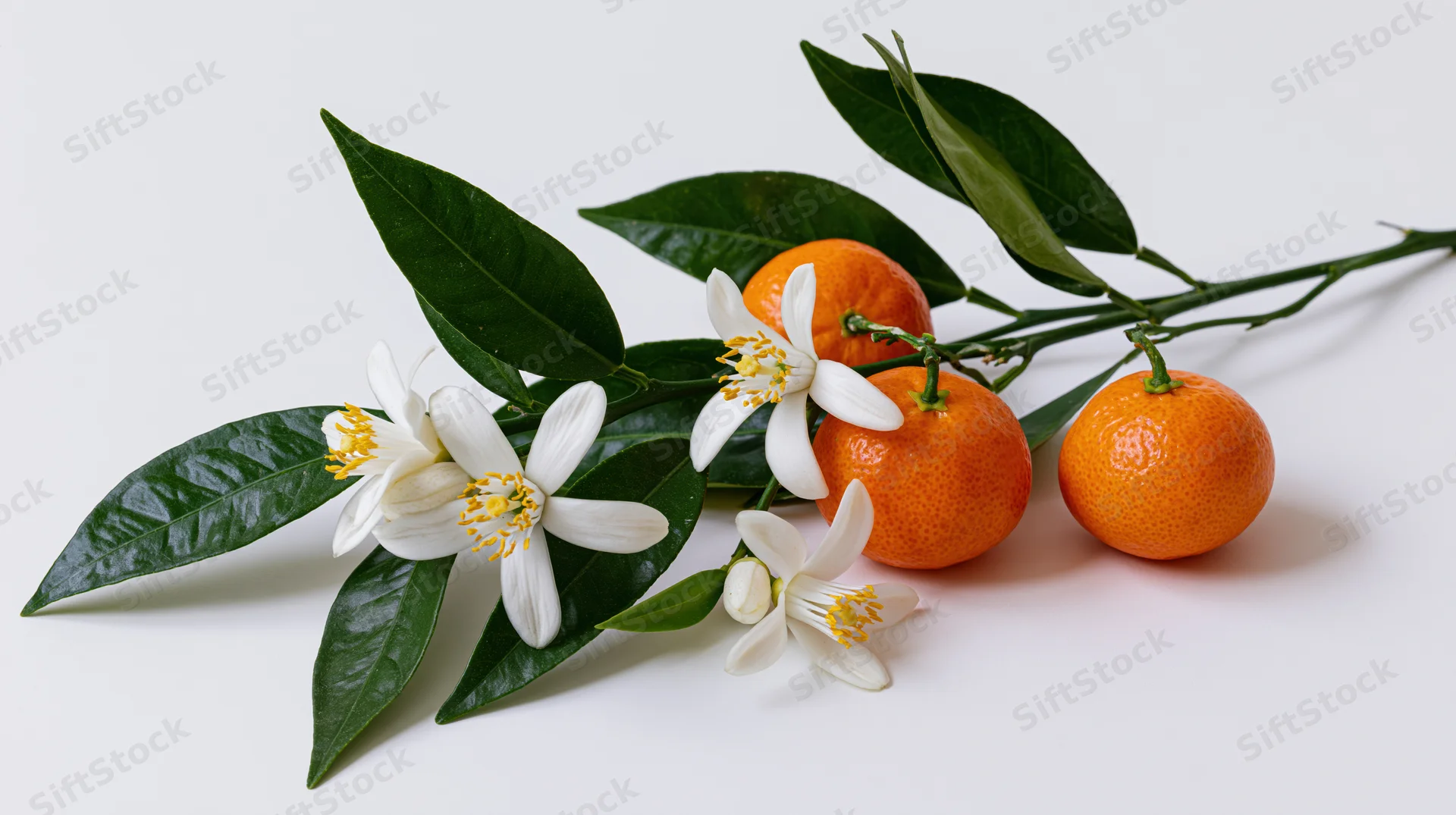 Citrus branch with orange fruits and white blossoms on white background