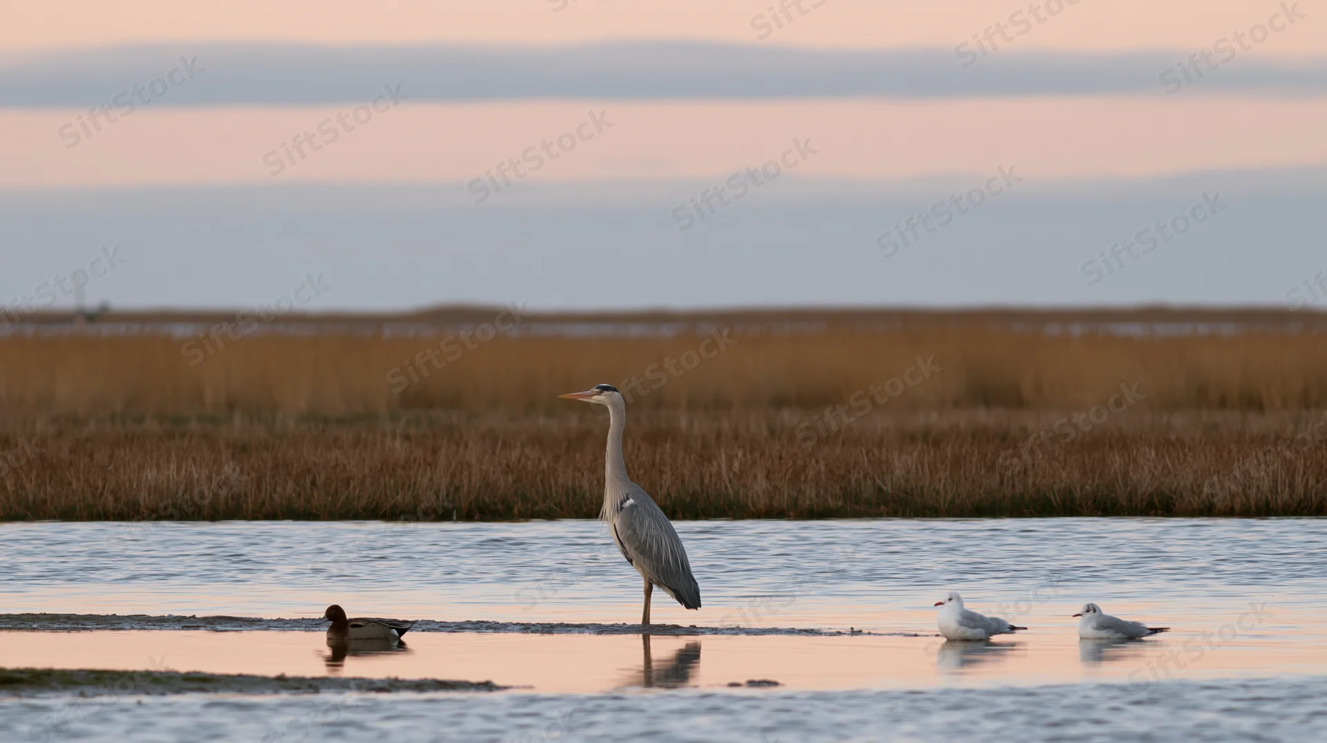 Gray heron standing in shallow water at sunset near reeds with ducks and gulls nearby